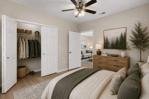 A bedroom with a large bed and a ceiling fan.