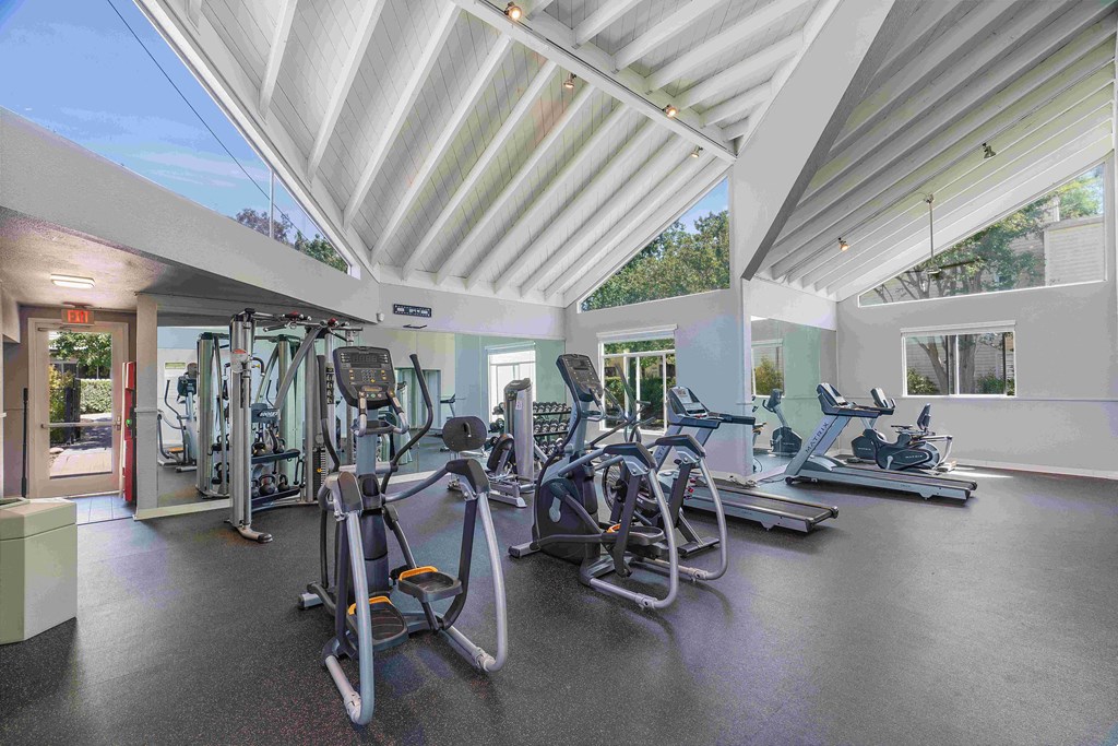a gym with cardio equipment and windows