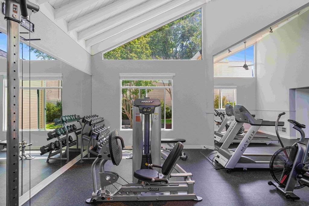 a home gym with a vaulted ceiling and large windows