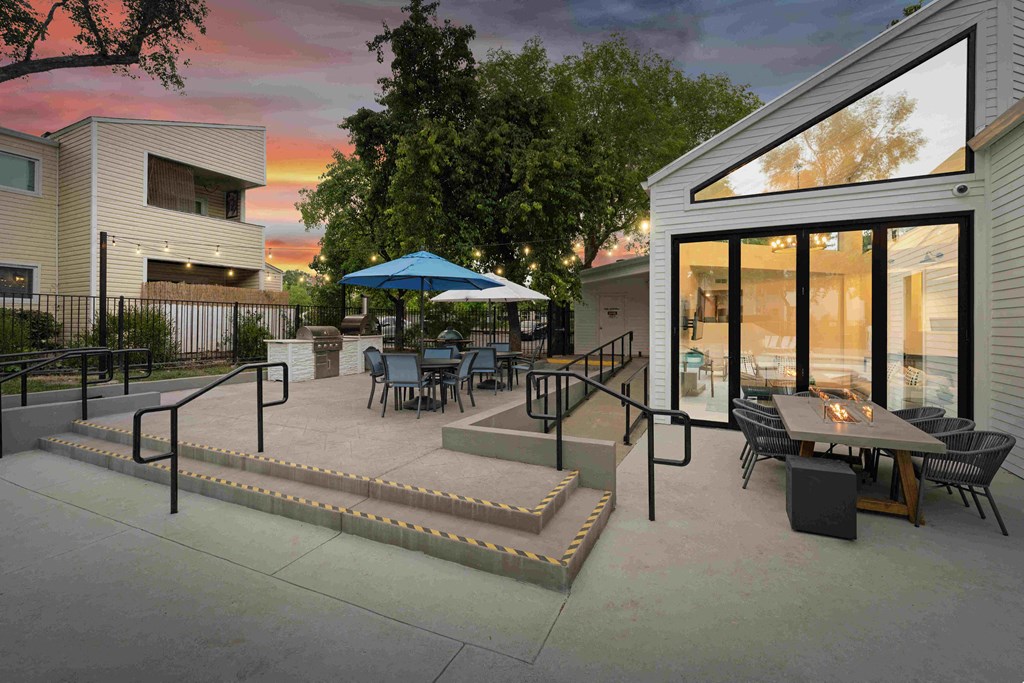 a rendering of a patio with tables and chairs