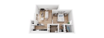 A top-down view of a small, neatly organized apartment with a bedroom, living room, and kitchen.