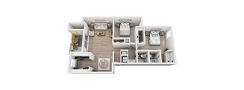 A 3D floor plan of a house with two bedrooms, a living room, a kitchen, and a bathroom.