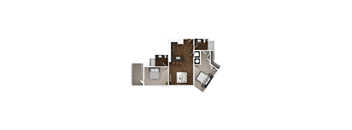 A floor plan of a house with a kitchen, living room, and two bedrooms.