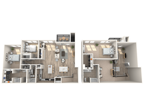 a 3d rendering of a floor plan with a bedroom and a living room