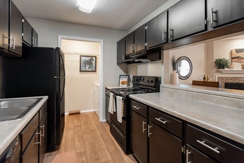 A kitchen with black cabinets and a black refrigerator.