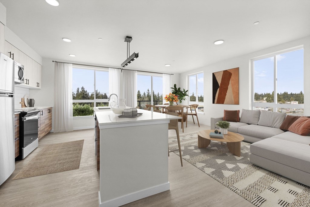 a rendering of a living room with a kitchen and dining area at Ion Town Center, Washington