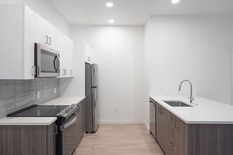 a kitchen with a stove and a sink and a refrigerator