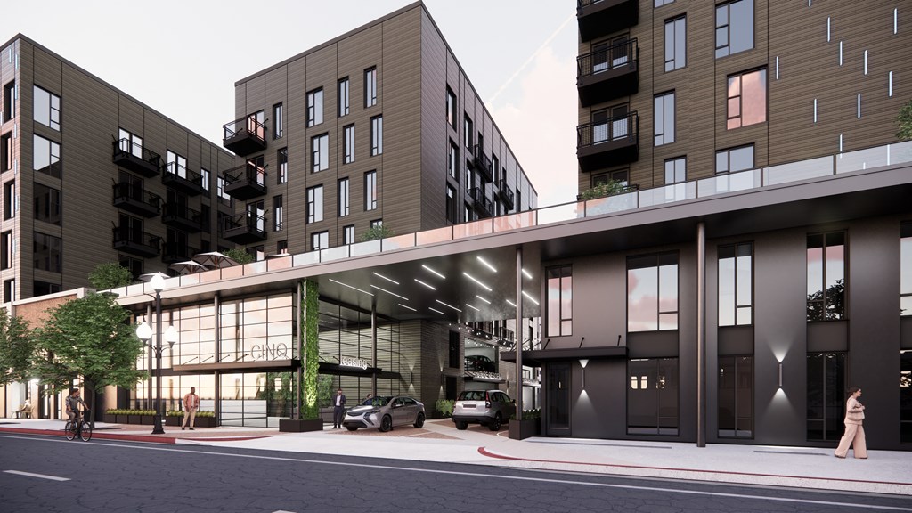 a rendering of a building on a city street