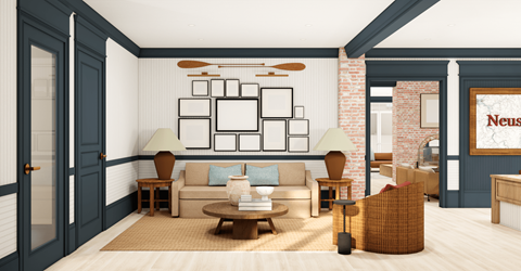 A living room with a couch, a chair, a coffee table, and a lamp.