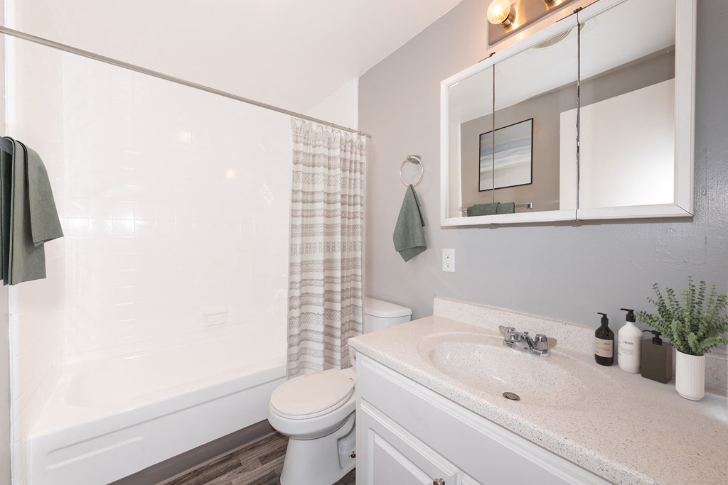 a bathroom with a white sink and toilet next to a white bathtub with a shower curtain