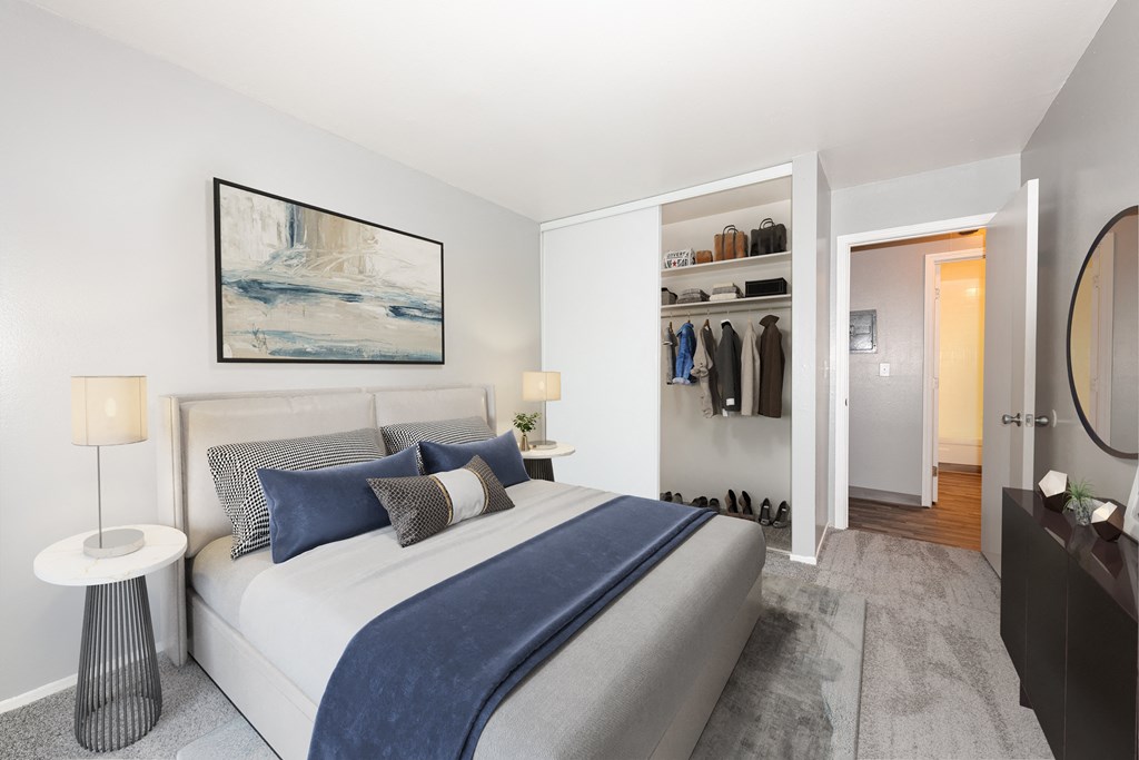 a bedroom with a bed and a closet