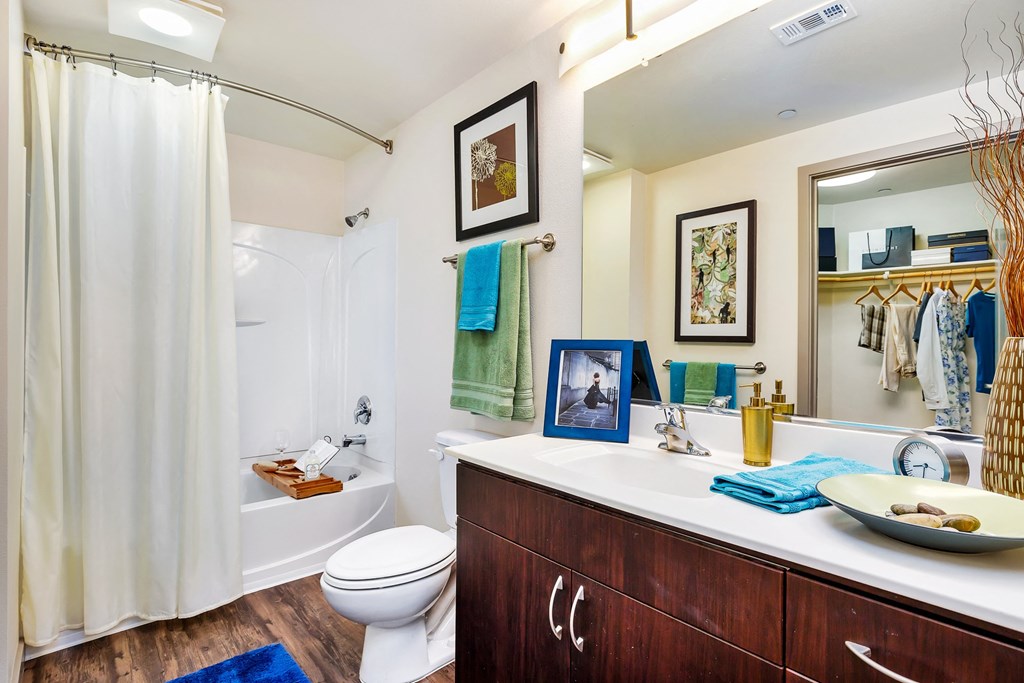 a bathroom with a sink toilet and shower and a mirror