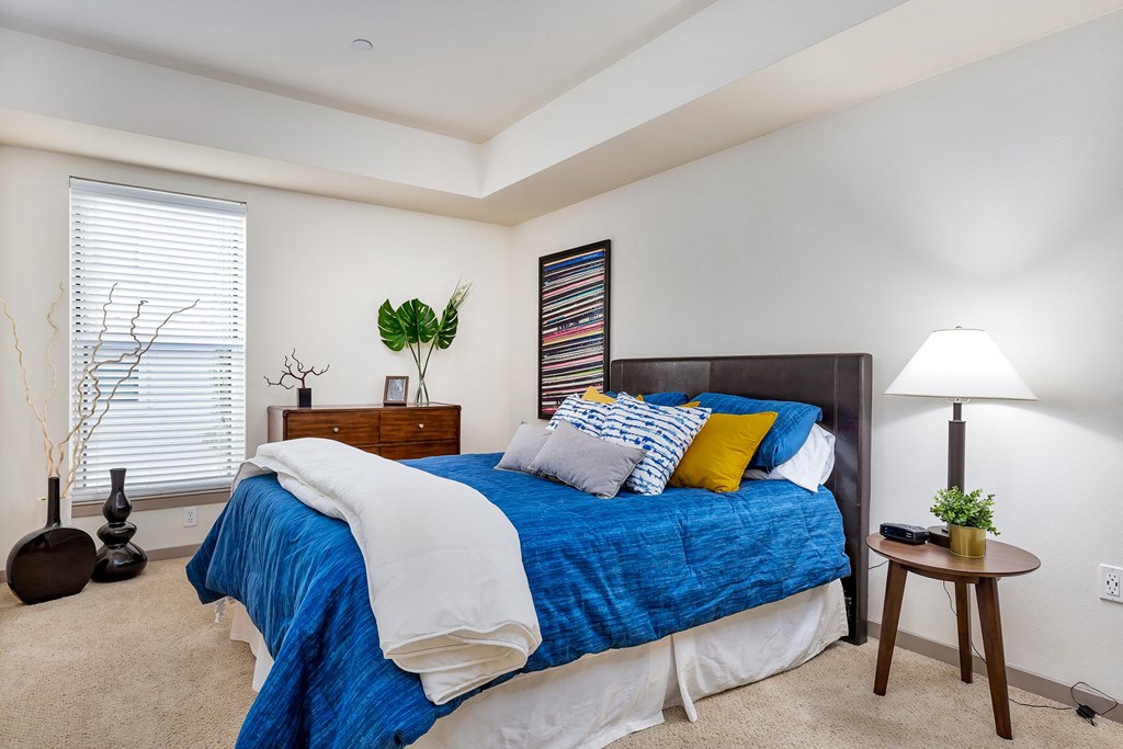 a bedroom with a large bed and a window