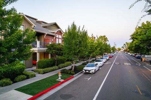 A street with cars parked on the side and houses on the side.