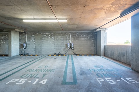 An underground parking lot is designated for electric vehicles only.