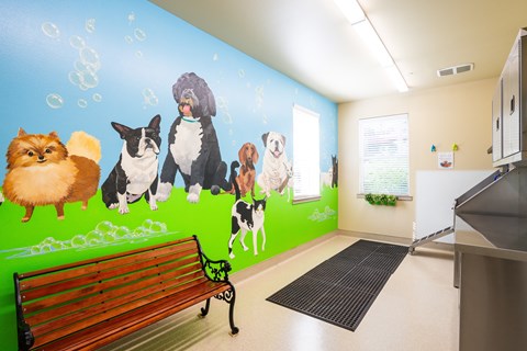 A mural of various dogs is painted on the wall of a room.