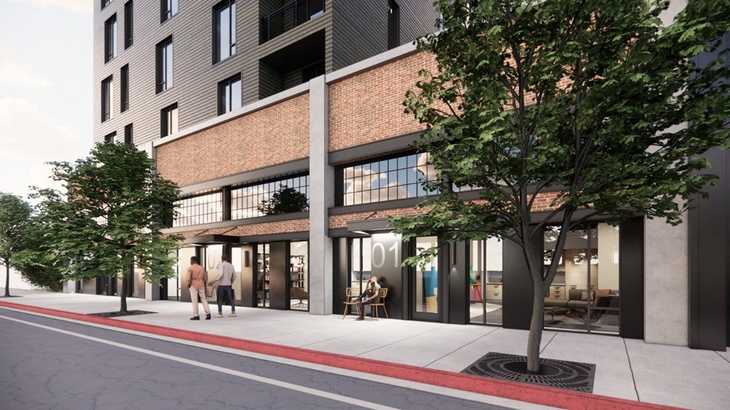 a rendering of a building with a sidewalk and trees