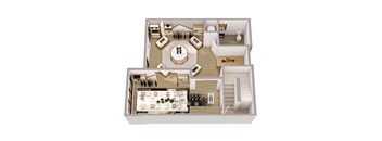 A 3D floor plan of a house with a kitchen, living room, dining room, and bathroom.