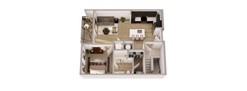 A top-down view of a small apartment with a kitchen, living room, and bedroom.