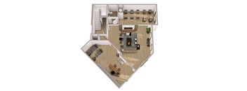 A 3D floor plan of a house with a kitchen, living room, dining room, and bedrooms.
