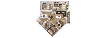 A 3D floor plan of a house with a kitchen, living room, and bedrooms.