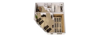 A top and bottom view of a house with a living room, kitchen, and a balcony.