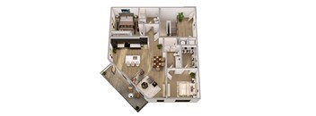 A top down view of a house interior with a kitchen, living room, and bedrooms.