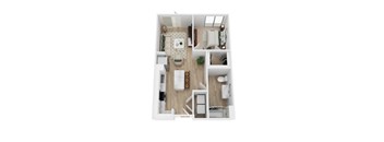 A top down view of a one bedroom live work apartment with a living room, kitchen, and bedroom.