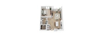 A top-down view of a one bedroom live work apartment with a kitchen, living room, and bedroom.