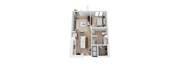 A top down view of a one beddrom live work apartment with a living room, eat-in kitchen, and bedroom.
