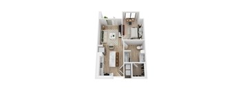 A top-down view of a modern one bedroom live work apartment with a living room, kitchen, and bedroom.