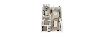A top-down view of a one bedroom live work apartment with a kitchen, living room, and bedroom.