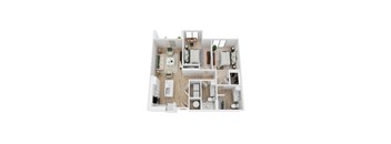 A white floor plan of a two bedroom live work apartment with a kitchen, living room, dining room, and bathroom.