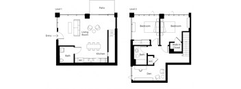 A floor plan of a two-story house with a living room, kitchen, bath, and bedrooms.