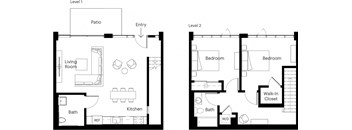 A floor plan of a two-story house with a living room, kitchen, bath, and bedrooms.