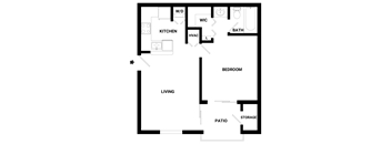 A floor plan of a house with a kitchen, living room, bedroom, bathroom, and storage.