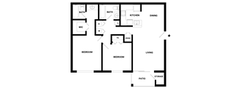 A floor plan of a house with labeled rooms such as Bedroom, Bath, Kitchen, Dining, Living, Patio, Storage, WC, and Closet.