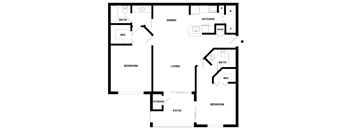 A floor plan of a house with a living room, two bedrooms, a kitchen, a bathroom, and a storage area.