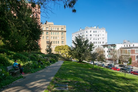 people sitting on a bench in a park with tall buildings in the background