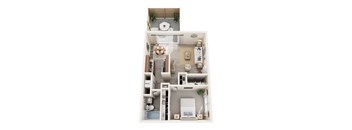 A top-down view of a small apartment with a kitchen, living room, and bathroom.