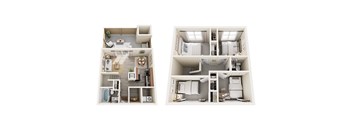 A diagram of a small apartment with a detailed floor plan and a cutaway view of the interior.