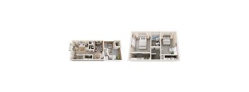 A floor plan of a two-bedroom apartment with a living room, kitchen, and bathroom.