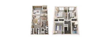 A set of four images showing different layouts of a small apartment.