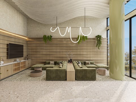 A modern living room with a large window and a flat screen TV.