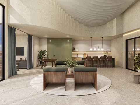 A modern living room with a curved ceiling and a circular rug.