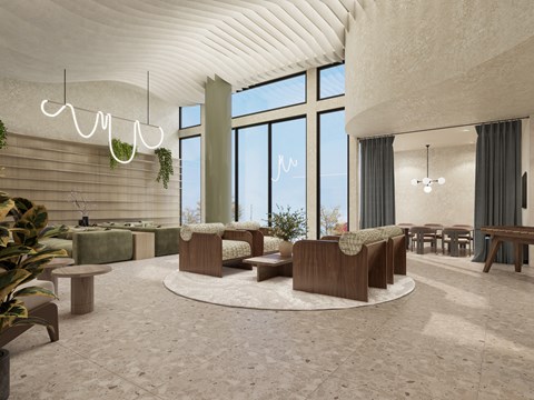 A modern living room with a large window and a curved ceiling.