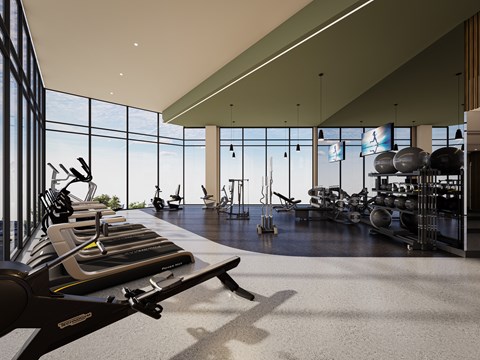 A gym with treadmills and exercise equipment.
