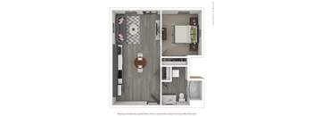 A 3D rendered image of a modern apartment.