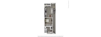 A 3D rendered image of a modern apartment.