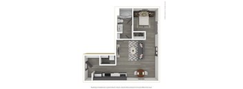 A 3D rendered image of a modern apartment.